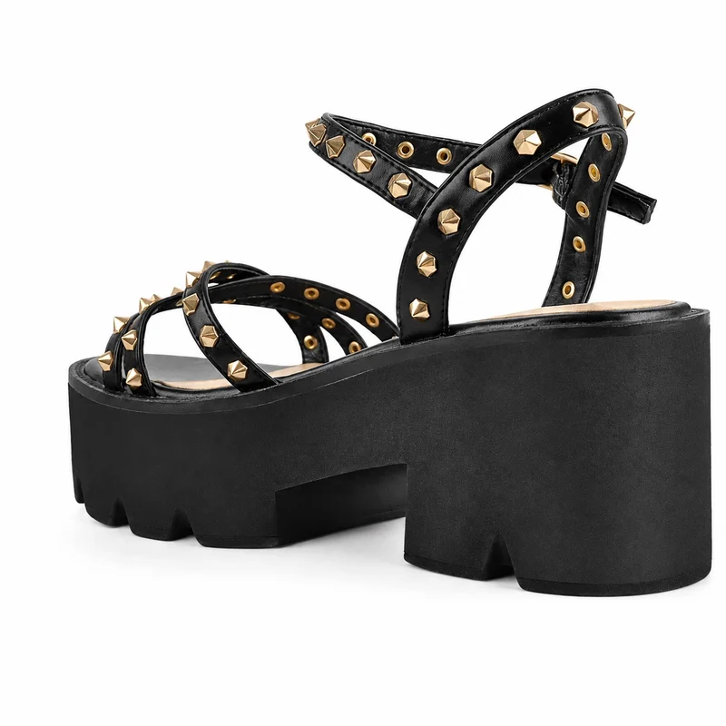 Platform Heel Sandal with Thin Studded Straps