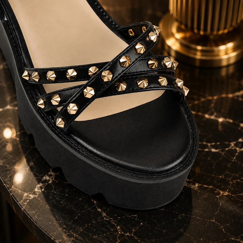 Platform Heel Sandal with Thin Studded Straps