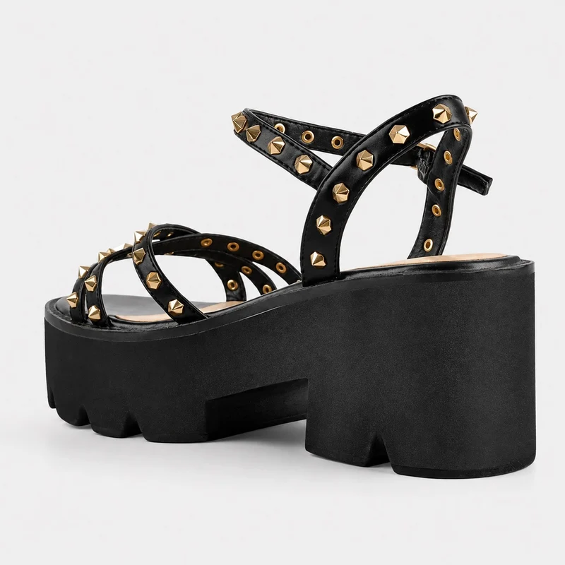 Platform Heel Sandal with Thin Studded Straps