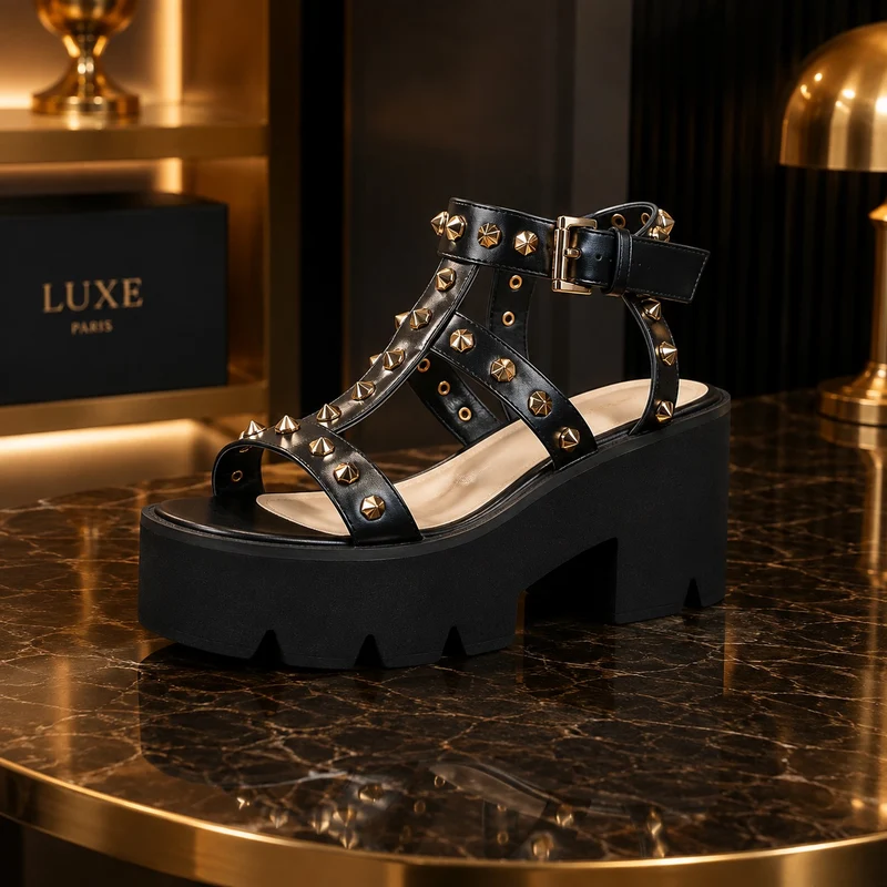 Platform Heel Sandal with Studded Design