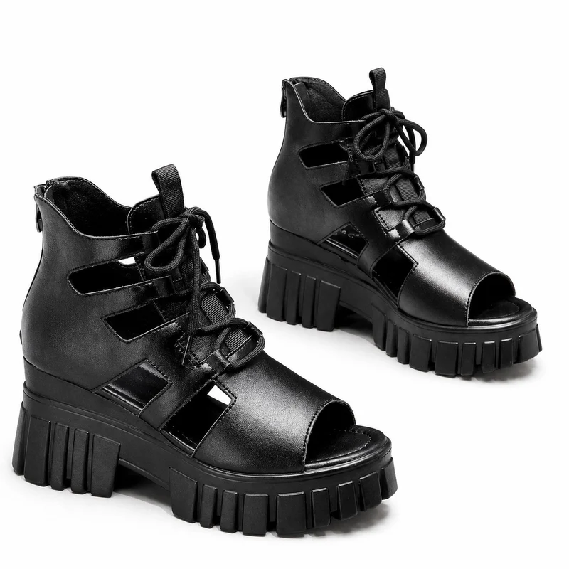 Semi-Open Platform Heel Sandal with Laces