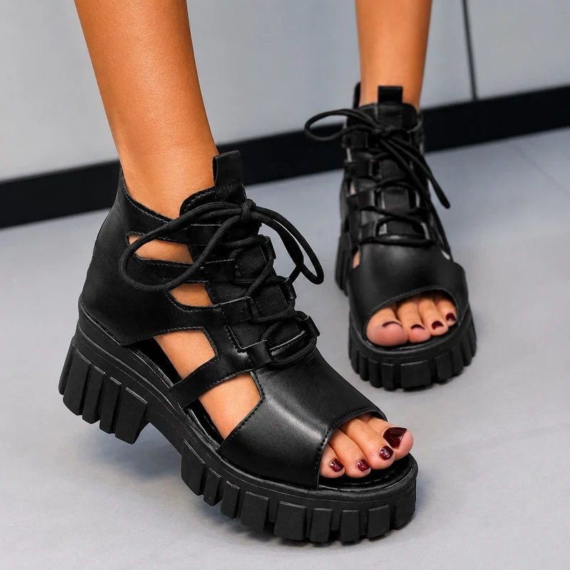 Semi-Open Platform Heel Sandal with Laces