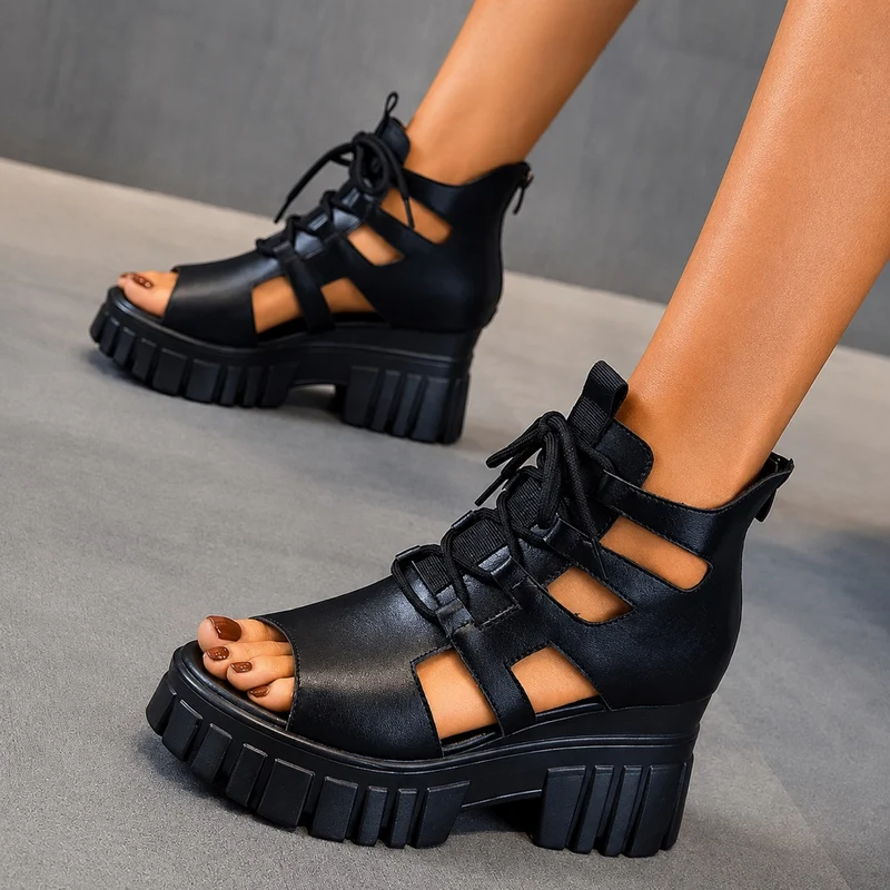 Semi-Open Platform Heel Sandal with Laces