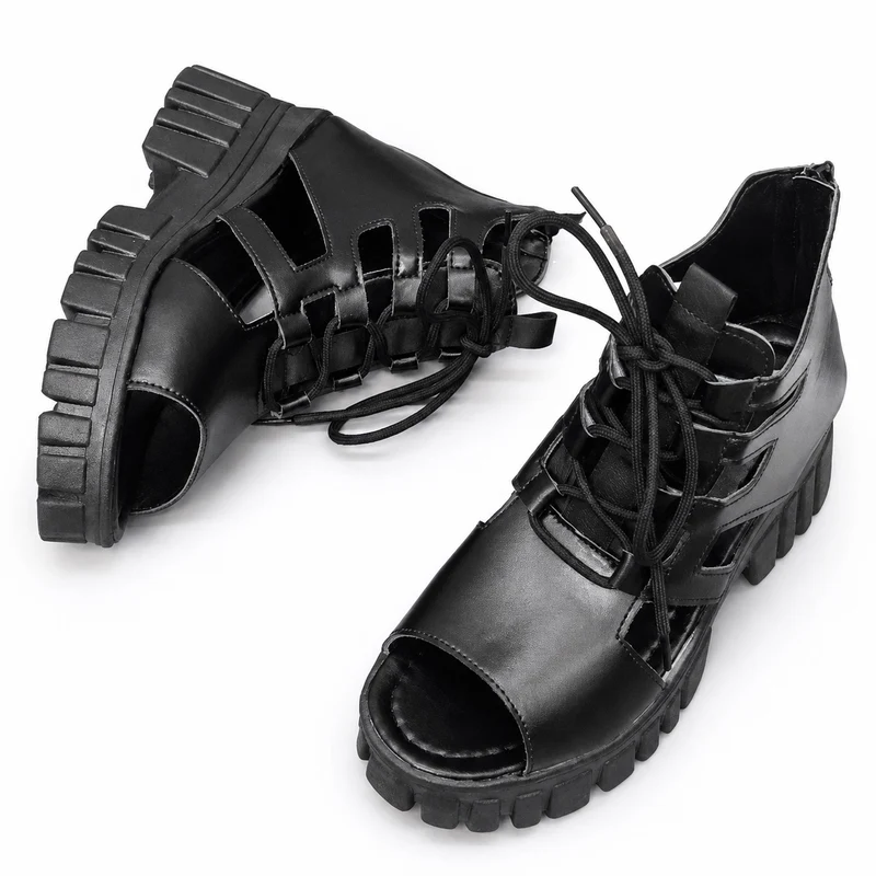 Semi-Open Platform Heel Sandal with Laces