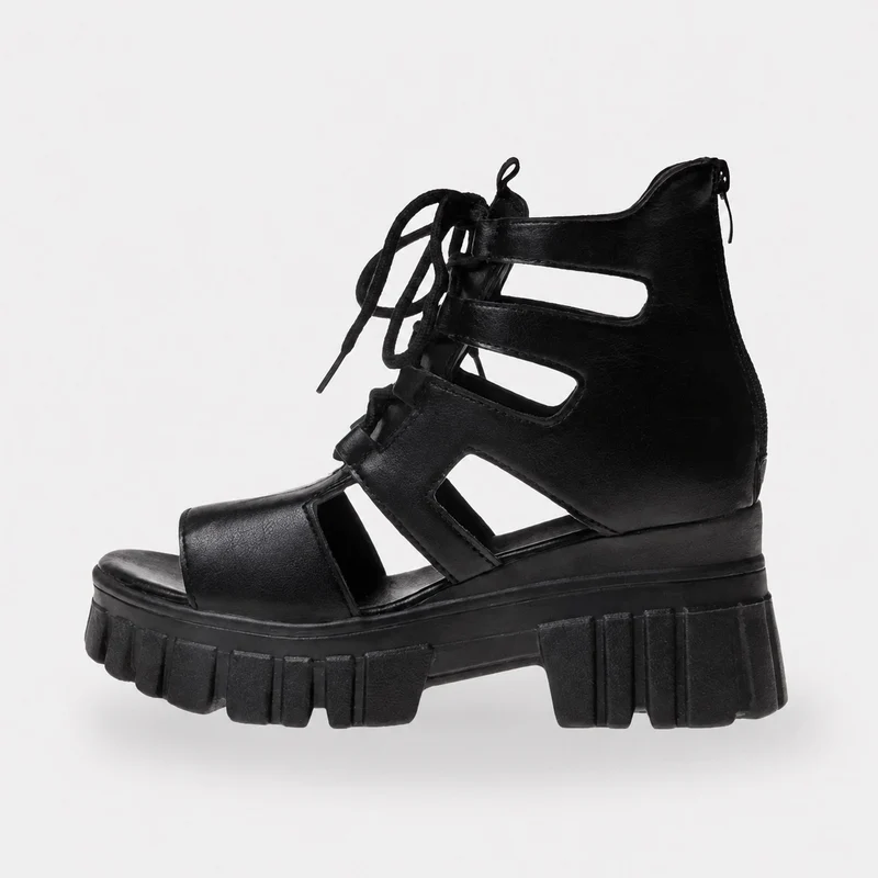 Semi-Open Platform Heel Sandal with Laces