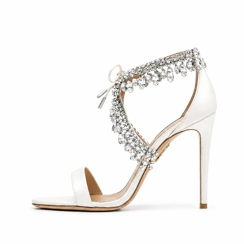 Women's Wedding Sandals with Thin High Heels and Faux Diamonds