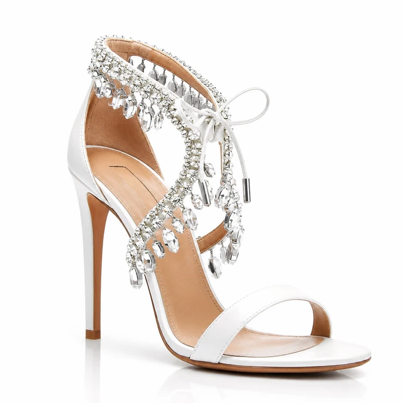 Women's Wedding Sandals with Thin High Heels and Faux Diamonds