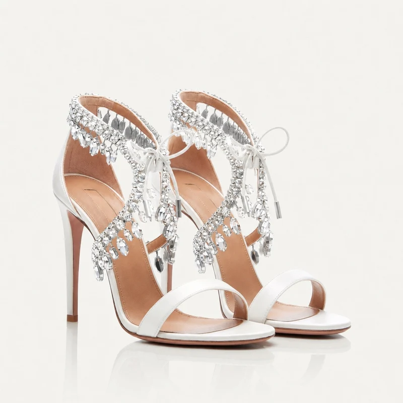 Women's Wedding Sandals with Thin High Heels and Faux Diamonds