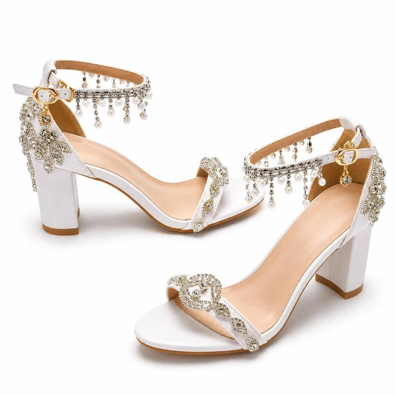 Women's Wedding Sandal with Rhinestones and Hanging Pearls