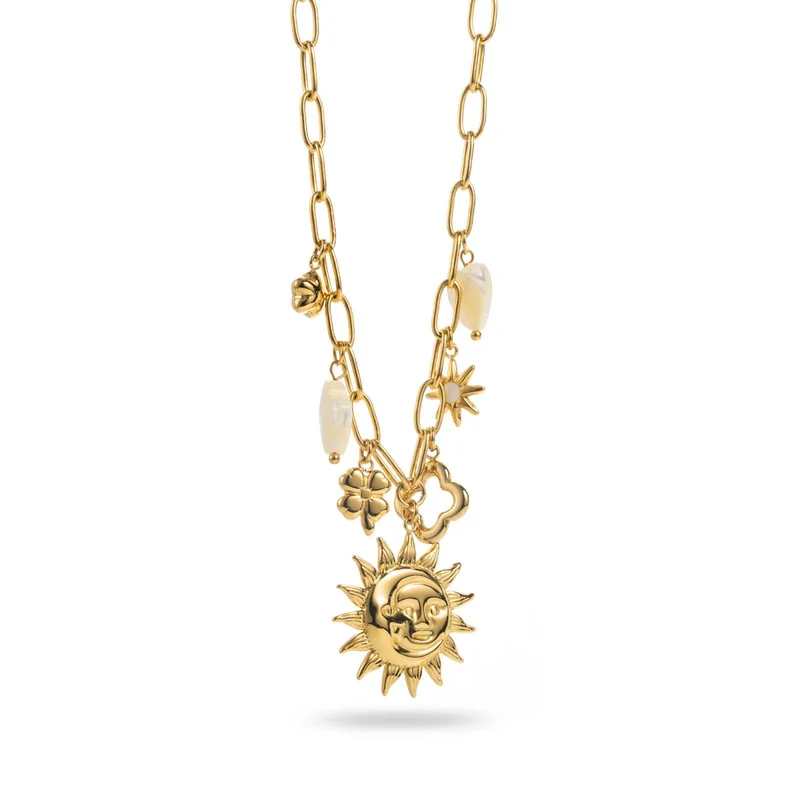 Collier breloque doré et blanc avec visage soleil acier inoxydable
