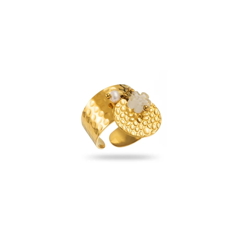 Bague Breloque Fleur avec Martelage à Point acier inoxydable