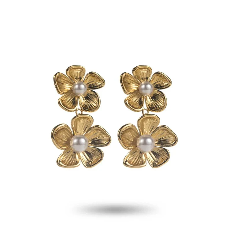 Boucles d’oreilles fleurs dorées à perle nacrée acier inoxydable