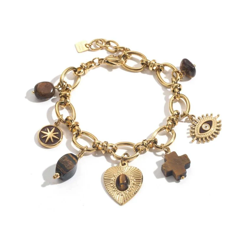 Bracelet doré à maillons et breloques marron en acier inoxydable