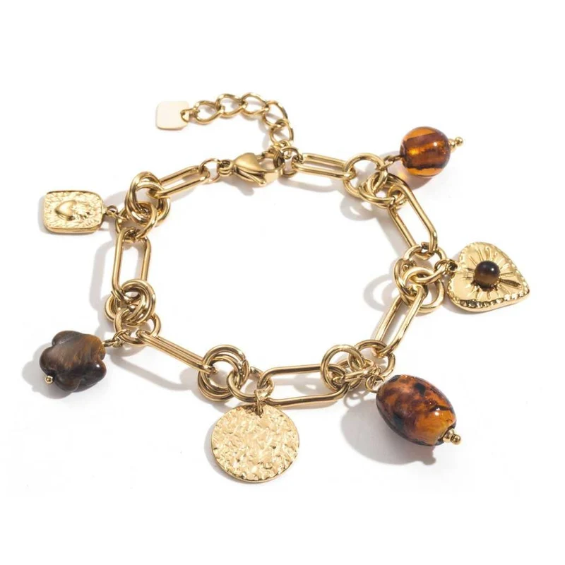 Bracelet doré à maillons épais acier inoxydable avec perles résine, médaillons et cœur doré