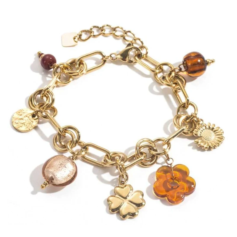 Bracelet doré à maillons épais en acier inoxydable avec breloques