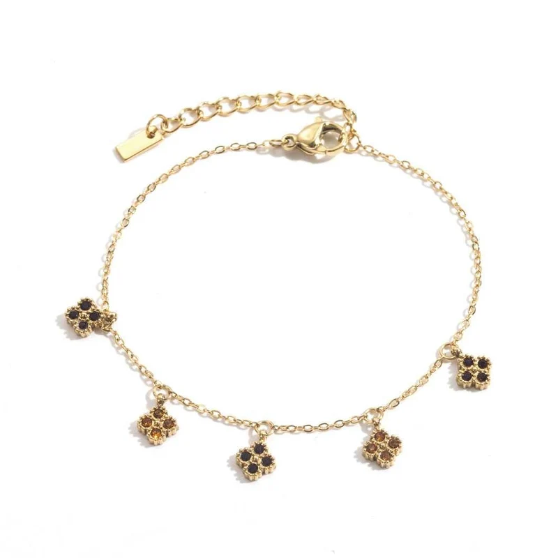 Bracelet doré en acier inoxydable 5 fleurs marron et dorées