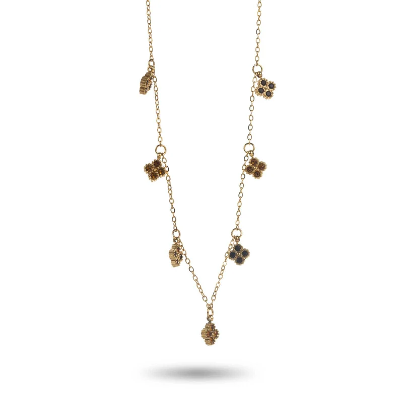 Collier chaîne fine acier inoxydable avec 7 fleurs marron et dorées
