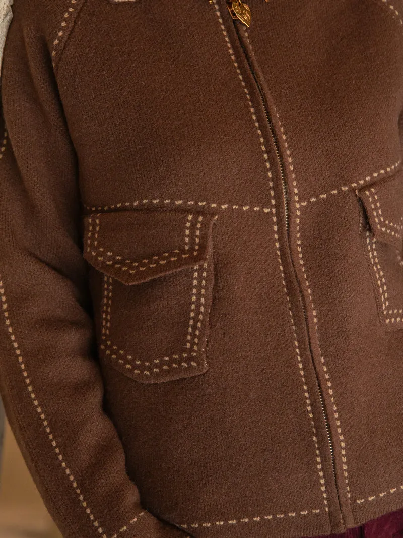 Gilet chocolat fausse couture blanche AMBRE