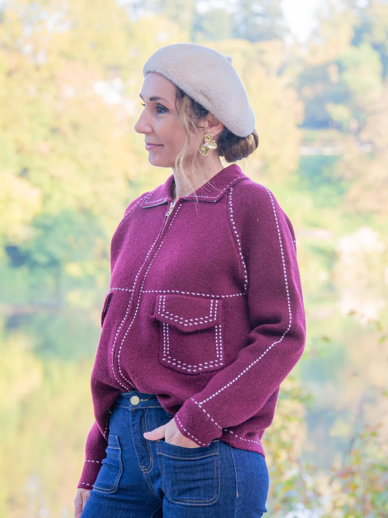 Gilet bordeaux fausse couture blanche AMBRE