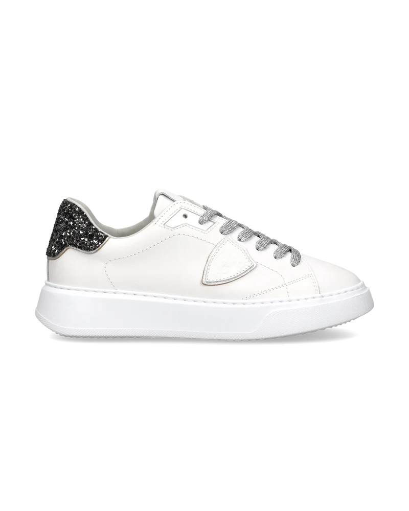 Sneakers Temple Women with glitter heel tab, White Black