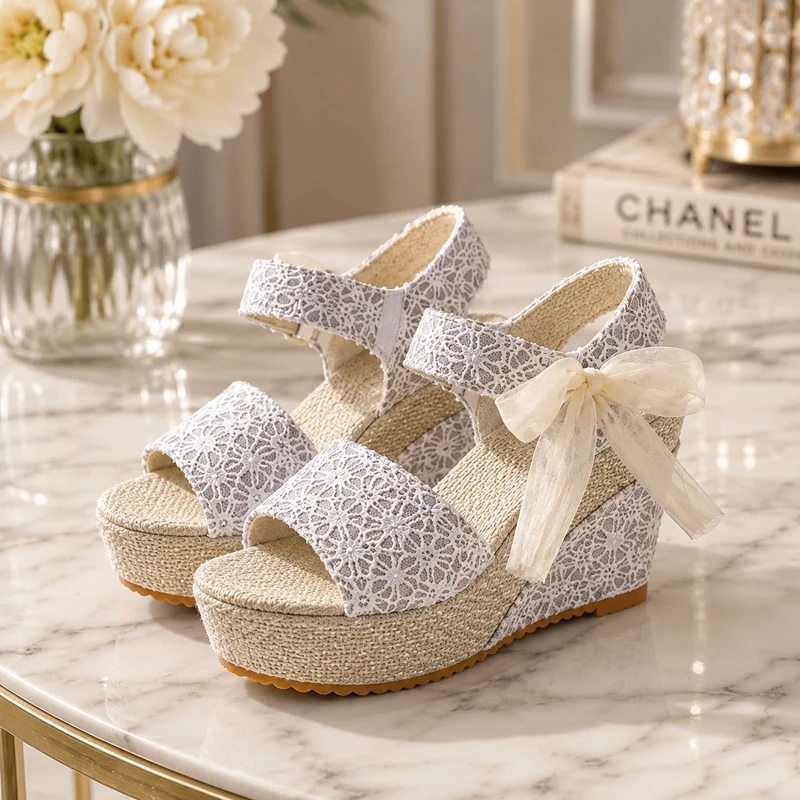 Women's High Heel Wedge Sandal with Bow