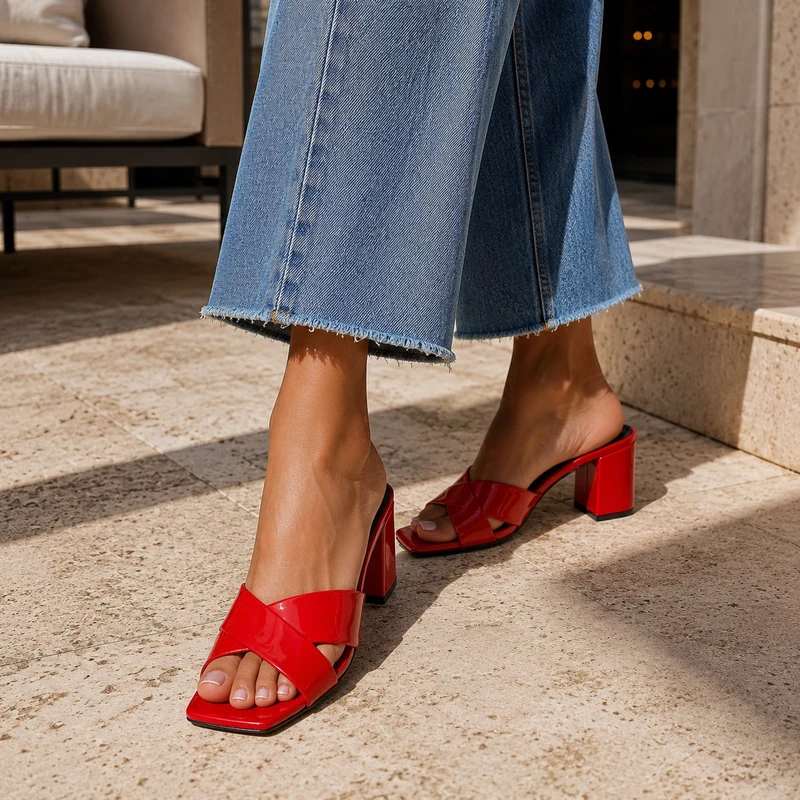 Women's 5 cm Red and Luxurious Leather Heeled Sandal