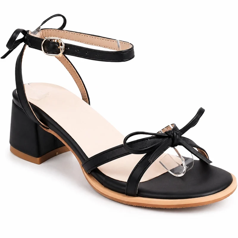 Women's 5 cm Black Heeled Sandal with Butterfly Knot