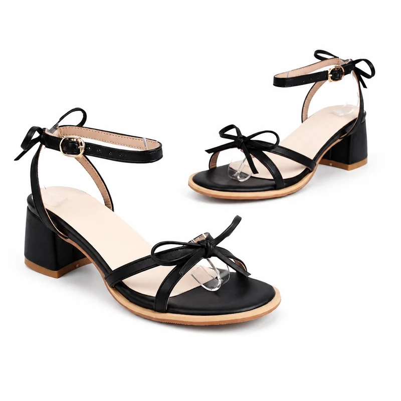 Women's 5 cm Black Heeled Sandal with Butterfly Knot