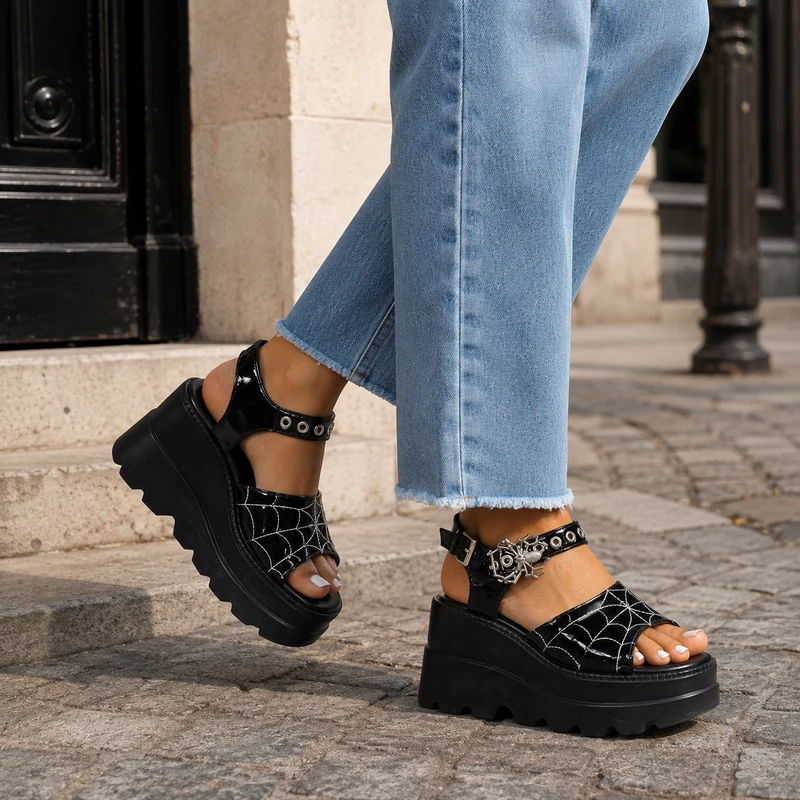 Platform Heel Sandal with Web and Spider