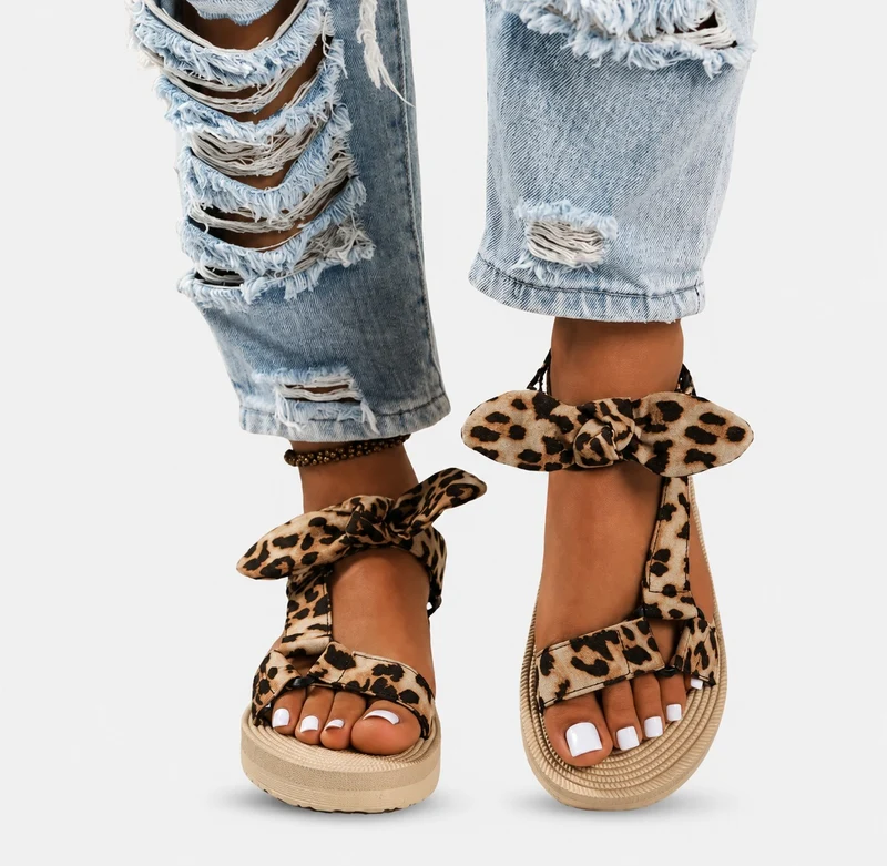 Leopard Sandal with Bow and Thick Sole