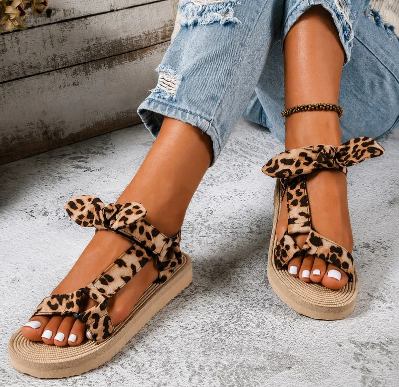 Leopard Sandal with Bow and Thick Sole