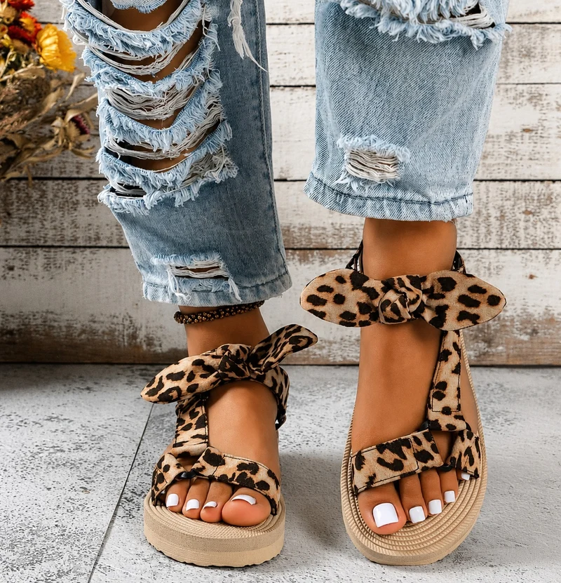 Leopard Sandal with Bow and Thick Sole