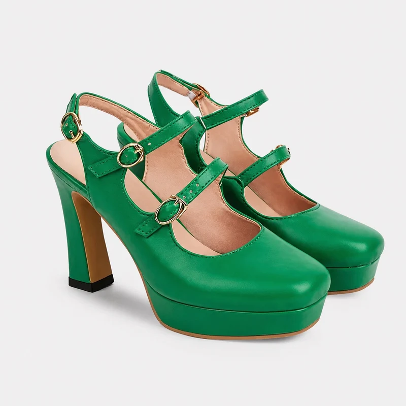 Green Sandal with Heel and Gold Buckles