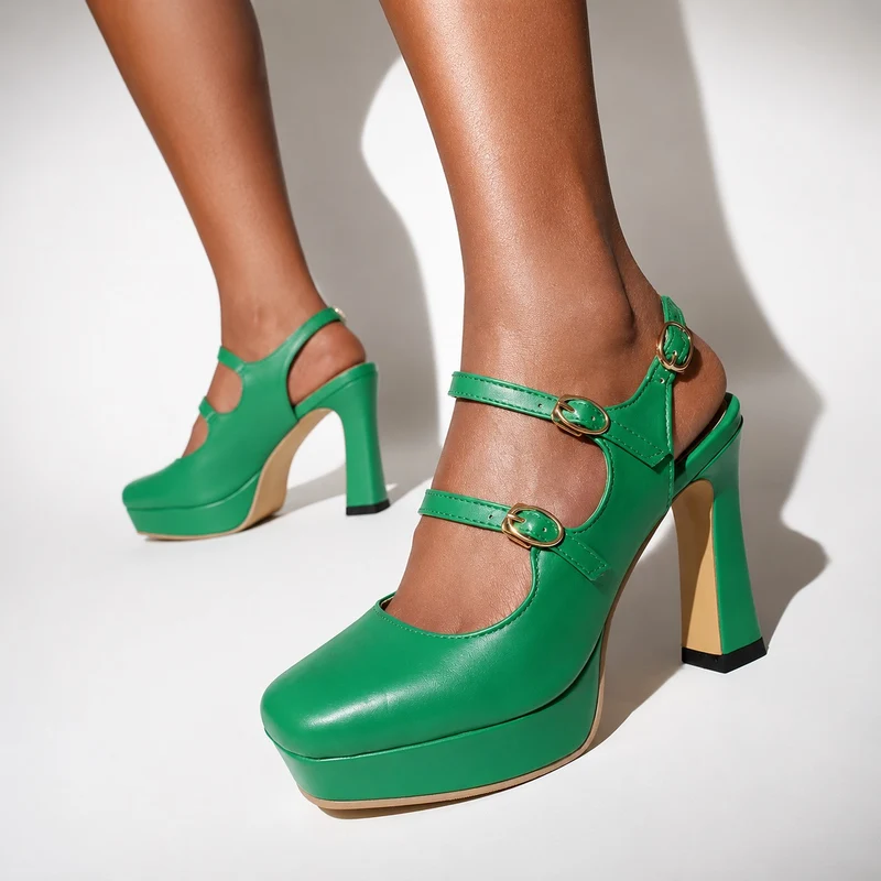 Green Sandal with Heel and Gold Buckles