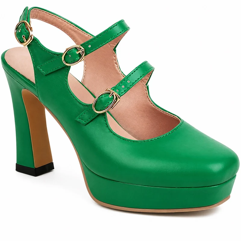 Green Sandal with Heel and Gold Buckles