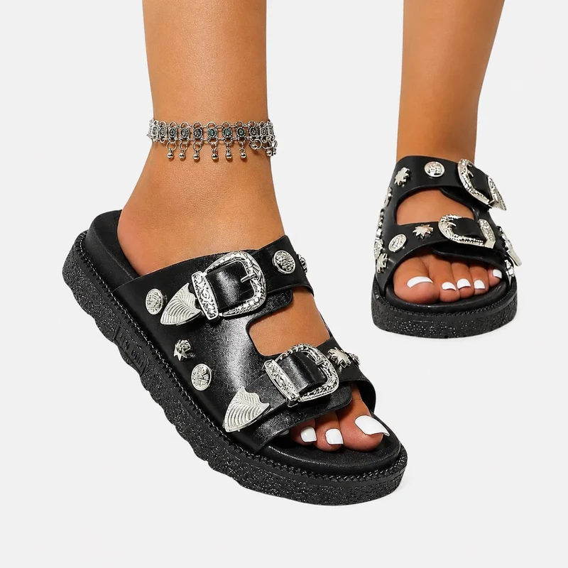 Studded Sandal with Two Silver Buckles