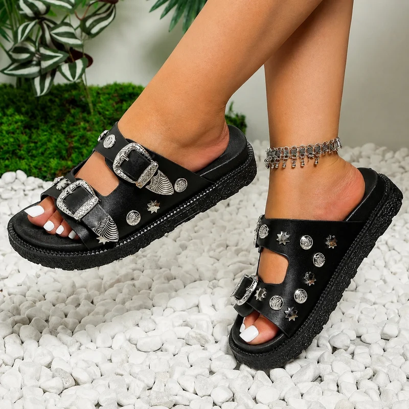 Studded Sandal with Two Silver Buckles