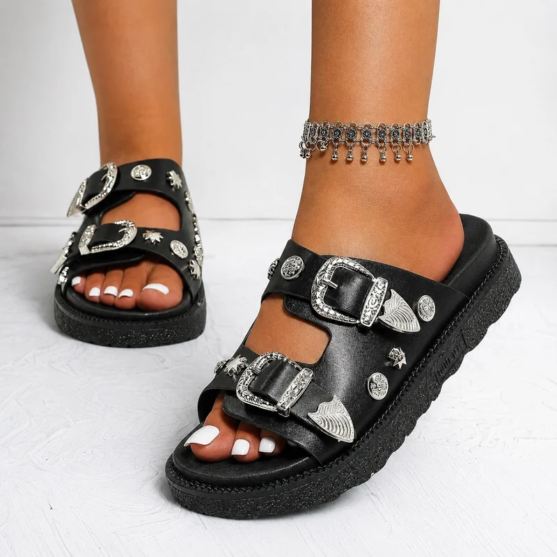 Studded Sandal with Two Silver Buckles