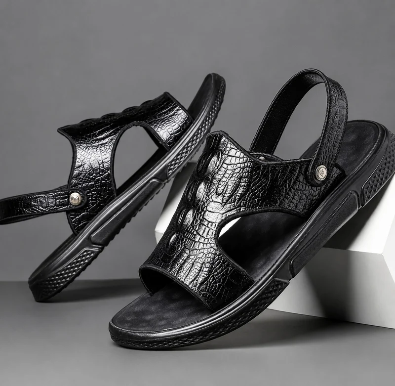 Men's Crocodile Skin Effect Leather Sandals