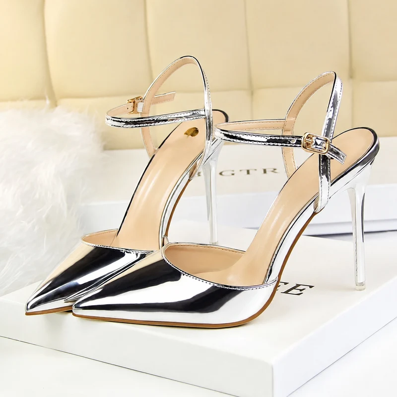 Silver and Shiny Sandal with Golden Buckle