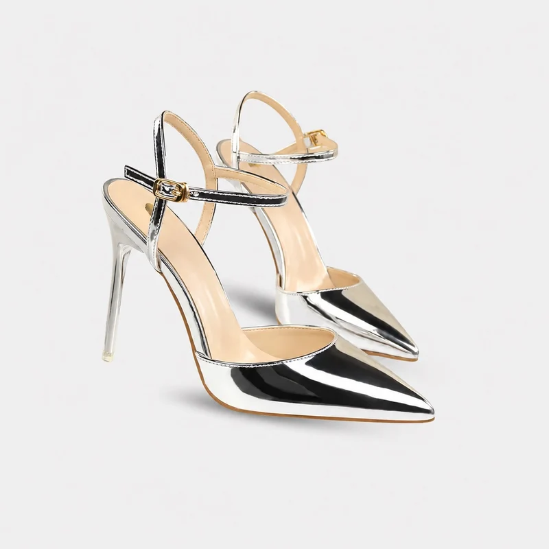 Silver and Shiny Sandal with Golden Buckle