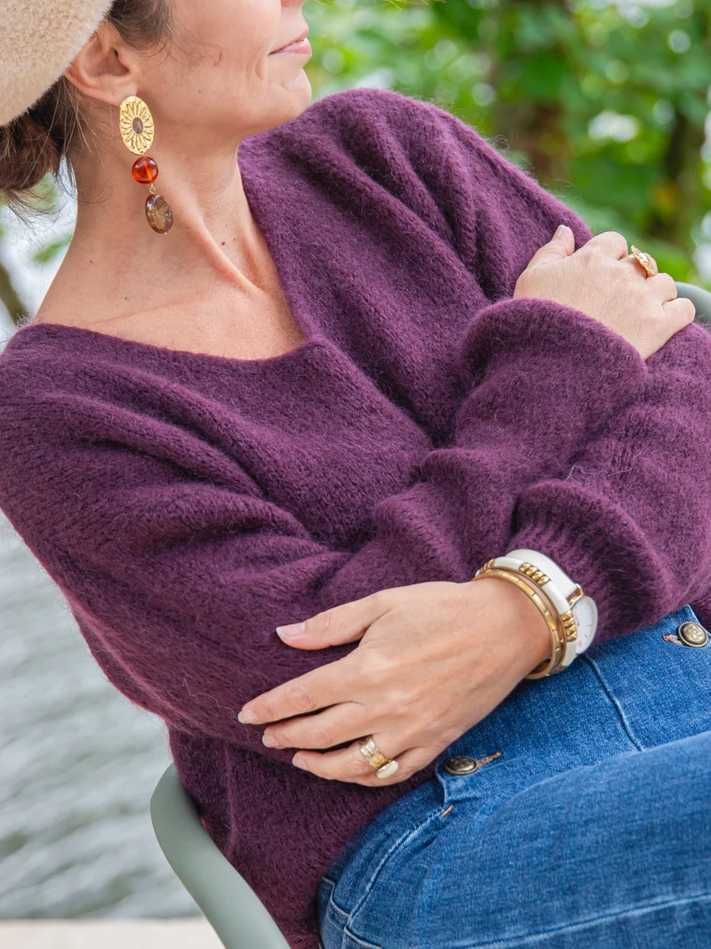 Pull bordeaux en maille col V NADEGE