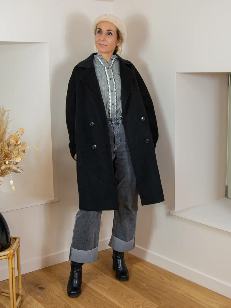 Manteau mi-long noir en laine MARCELINE