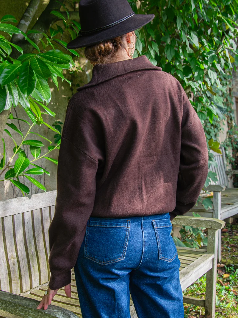 Gilet chocolat full zip coeur brodé or MADELAINE