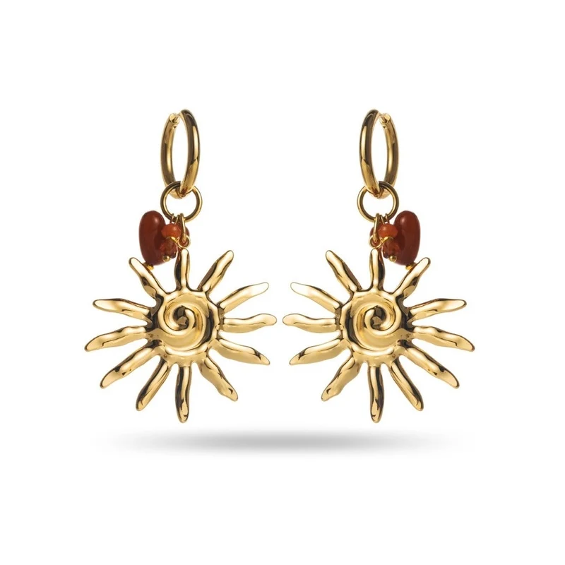 Boucles d’oreilles soleil doré et cœur marron en acier inoxydable