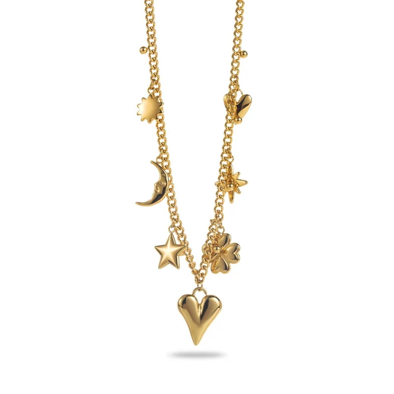 Collier doré en acier inoxydable – Breloques cœur, étoile, trèfle et lune