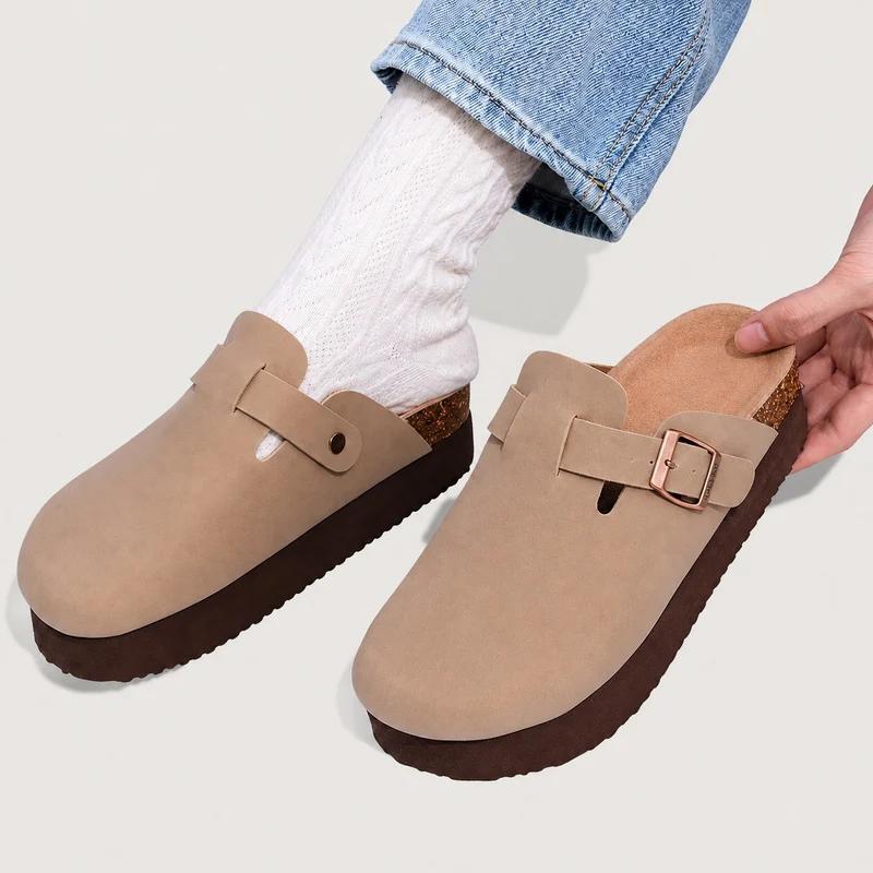 Women's Suede Effect Clog Sandal with Thick Sole