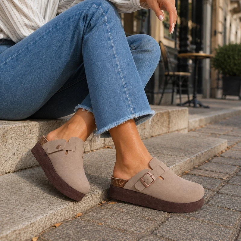 Women's Suede Effect Clog Sandal with Thick Sole
