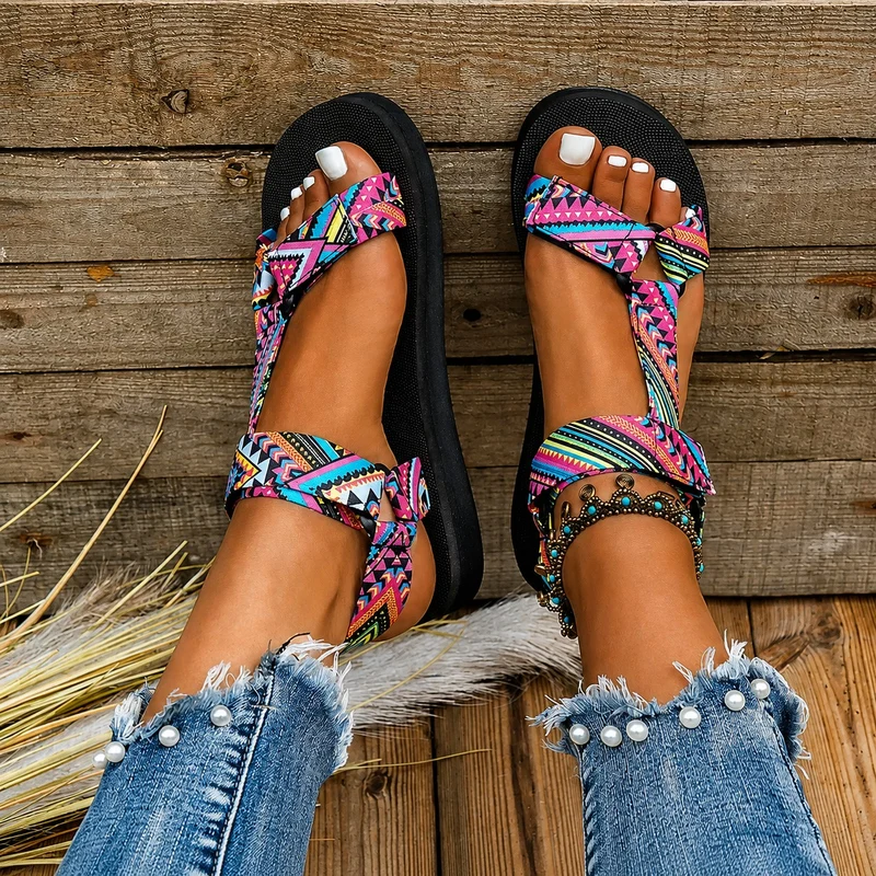 Women's Designer Scratch Sandal with Multicolored Patterned Straps