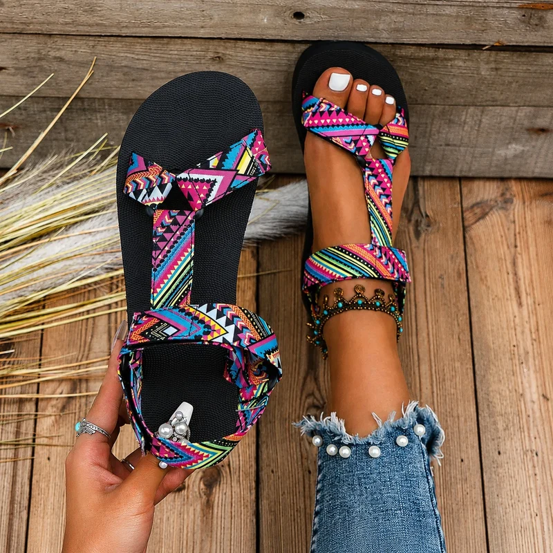 Women's Designer Scratch Sandal with Multicolored Patterned Straps
